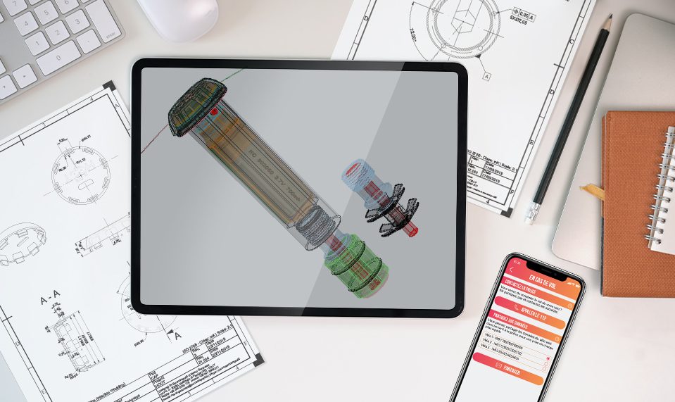 CAD model of the HOOT GPS tracker next to part drawings