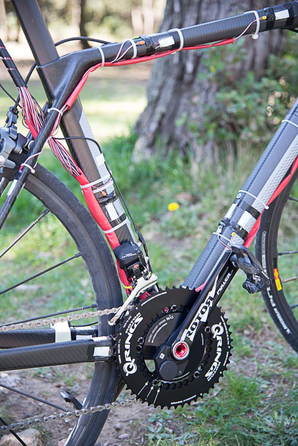 Prototype bicycle frame fitted with strain gauges and wiring for field tests